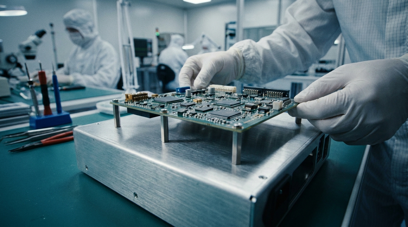 כרטיס אלקטרוני (PCB) מורכב על מארז מתכת באמצעות ארבעה מרווחים נעיצים מסוג Standoff.